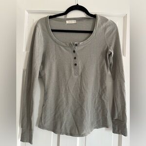Ribbed Henley Long Sleeve Top - Green